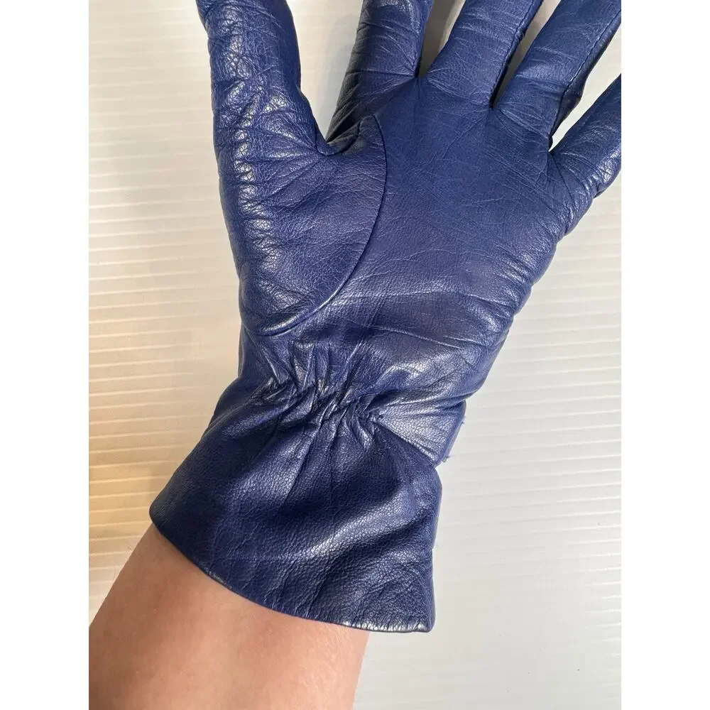 Lauren Ralph Lauren Blue Leather Gloves Womens L Gold Crest Buttons Lined